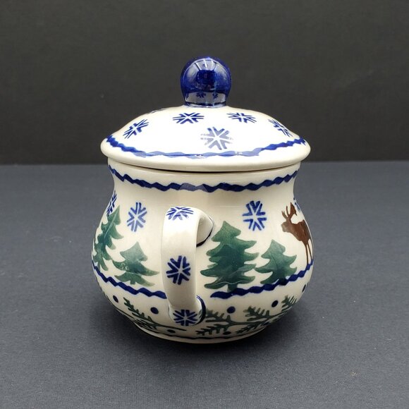 Polish Pottery Reindeer Pine Creamer & Sugar Bowl Winter Moose Creamer Set - Picture 6 of 15